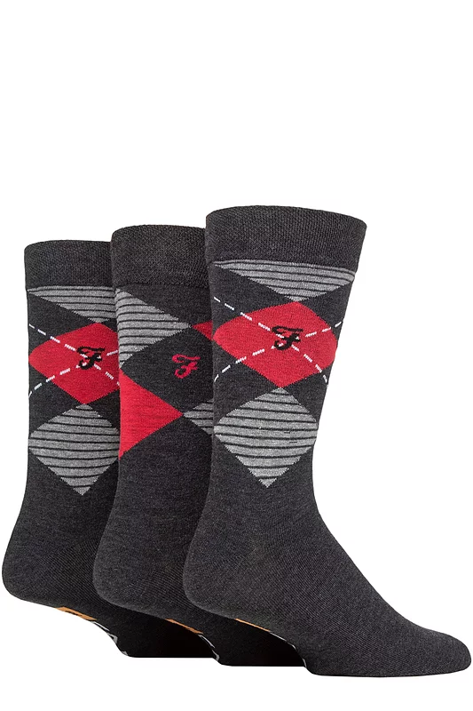 Mens 3 Pair Farah Argyle, Patterned and Striped Cotton Socks