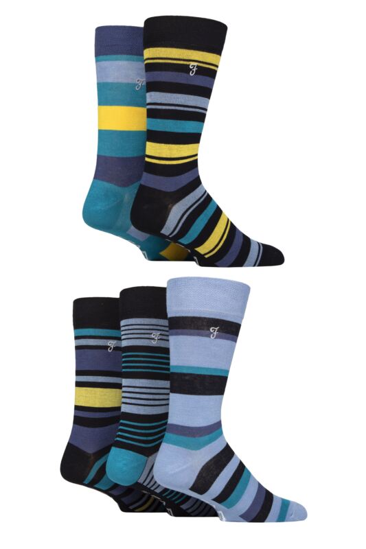 Mens 5 Pair Farah Plain, Striped and Patterned Everyday Bamboo Socks Striped Dark Navy / Yellow / Teal 6-11