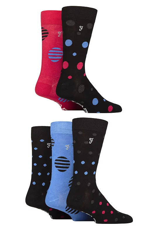 Mens 5 Pair Farah Plain, Striped and Patterned Everyday Bamboo Socks Spotty Black / Crimson / Charcoal 6-11