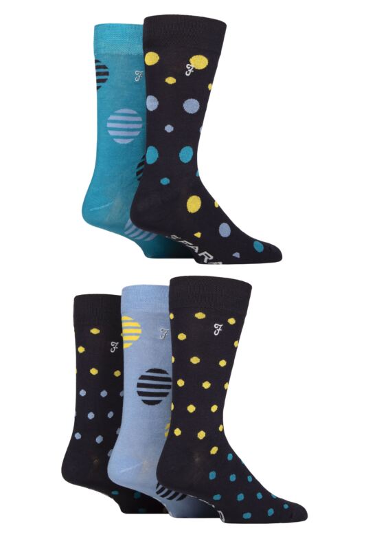 Mens 5 Pair Farah Plain, Striped and Patterned Everyday Bamboo Socks Spotty Dark Navy / Yellow / Teal 6-11