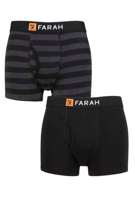 Mens 2 Pack Farah Plain and Striped Cotton Classic Keyhole Trunks Broad Stripe Black / Charcoal S