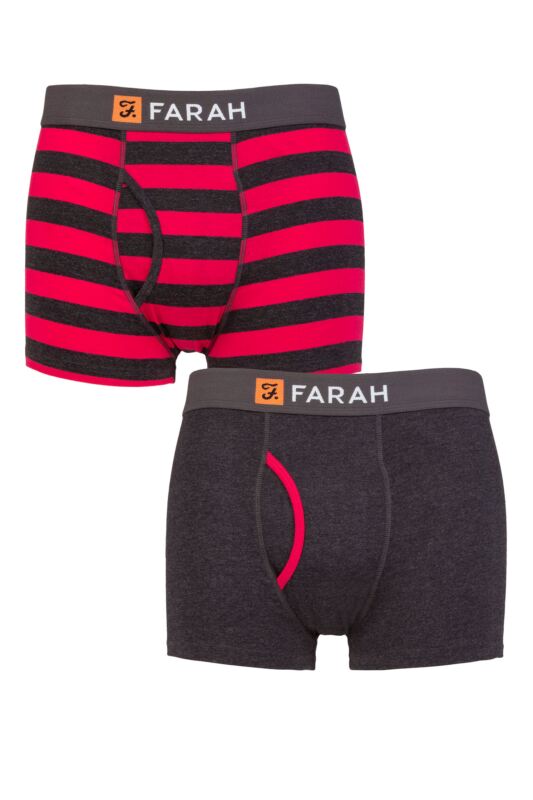Mens 2 Pack Farah Plain and Striped Cotton Classic Keyhole Trunks Broad Stripe Charcoal / Red XL
