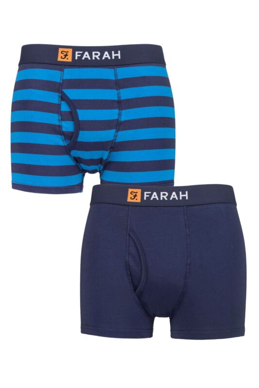 Mens 2 Pack Farah Plain and Striped Cotton Classic Keyhole Trunks Broad Stripe Navy / Blue S