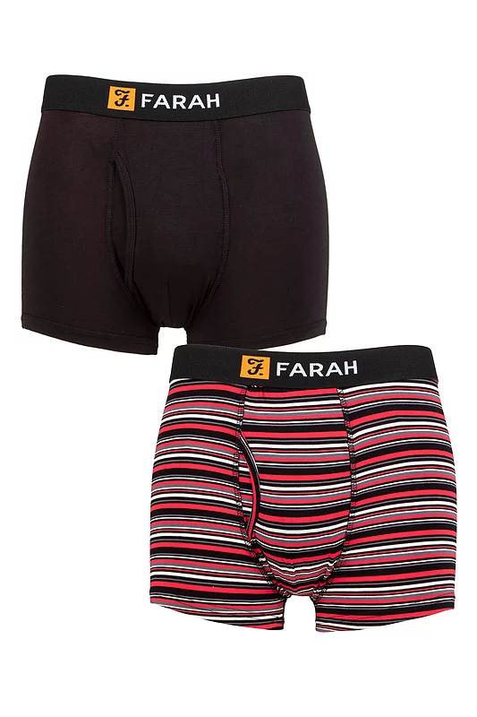 Mens 2 Pack Farah Classic Striped and Plain Bamboo Keyhole Trunks Black/Red XXL