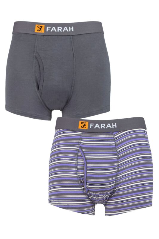 Mens 2 Pack Farah Classic Striped and Plain Bamboo Keyhole Trunks Charcoal/Purple S