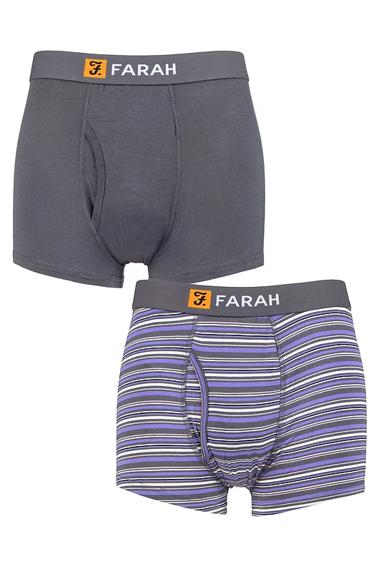 Mens 2 Pack Farah Classic Striped and Plain Bamboo Keyhole Trunks Charcoal/Purple XXL
