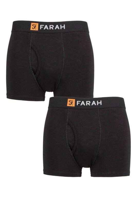 Mens 2 Pack Farah Plain and Striped Cotton Classic Keyhole Trunks Black / Black L