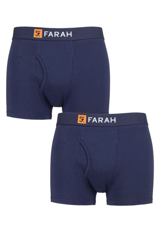 Mens 2 Pack Farah Plain and Striped Cotton Classic Keyhole Trunks Navy / Navy XL