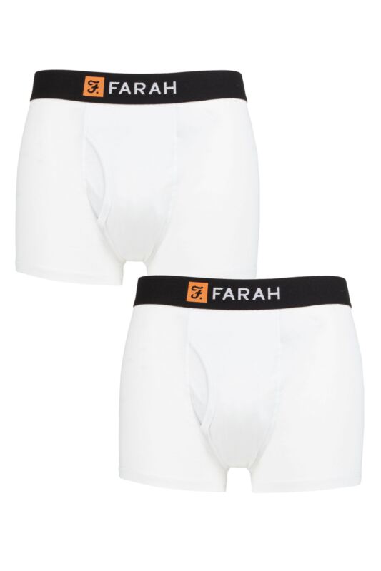 Mens 2 Pack Farah Plain and Striped Cotton Classic Keyhole Trunks White / White M