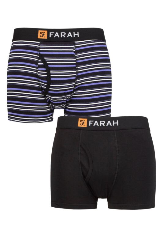 Mens 2 Pack Farah Plain and Striped Cotton Classic Keyhole Trunks Black / Purple XL