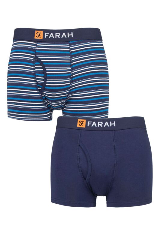 Mens 2 Pack Farah Plain and Striped Cotton Classic Keyhole Trunks Navy / Blue XXL
