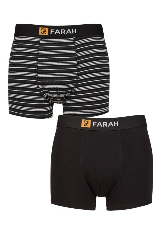 Mens 2 Pack Farah Plain and Striped Cotton Classic Fitted Trunks Fine Stripe Black / Charcoal S