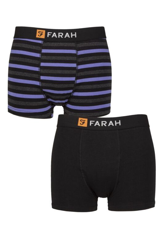 Mens 2 Pack Farah Plain and Striped Cotton Classic Fitted Trunks Stripe Black / Purple L