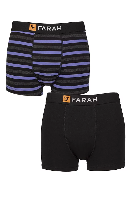 Mens 2 Pack Farah Plain and Striped Cotton Classic Fitted Trunks Stripe Black / Purple L