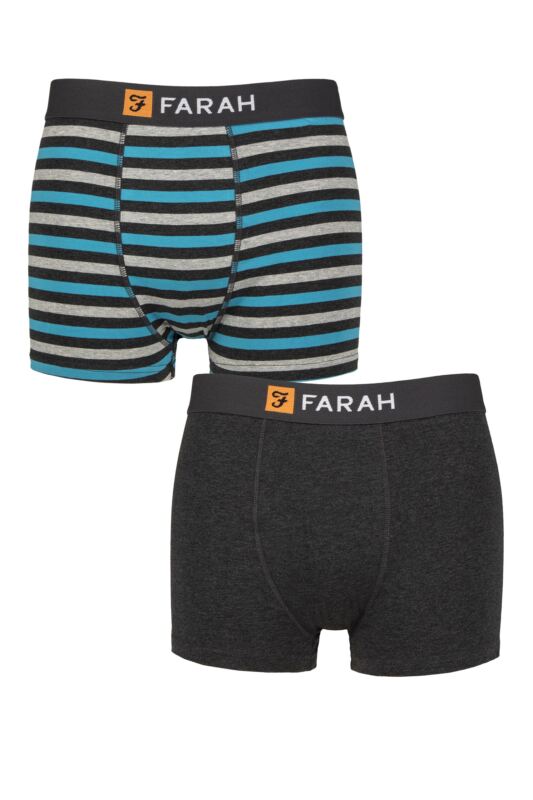 Mens 2 Pack Farah Plain and Striped Cotton Classic Fitted Trunks Stripe Charcoal / Turquoise M