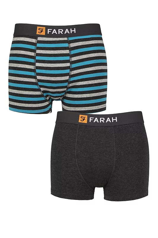 Mens 2 Pack Farah Plain and Striped Cotton Classic Fitted Trunks Stripe Charcoal / Turquoise L