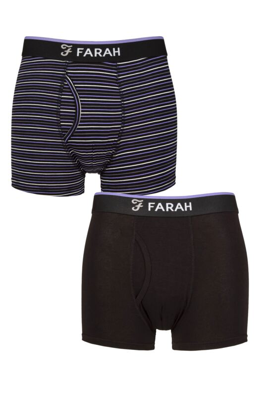 Mens 2 Pair Farah Plain and Stripe Bamboo Keyhole Trunks Stripe Black / Purple S