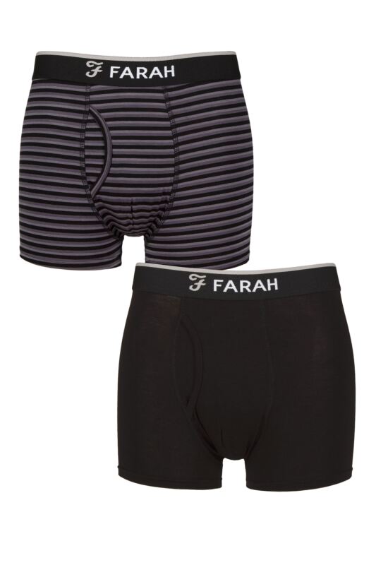 Mens 2 Pair Farah Plain and Stripe Bamboo Keyhole Trunks Stripe Black / Charcoal XL