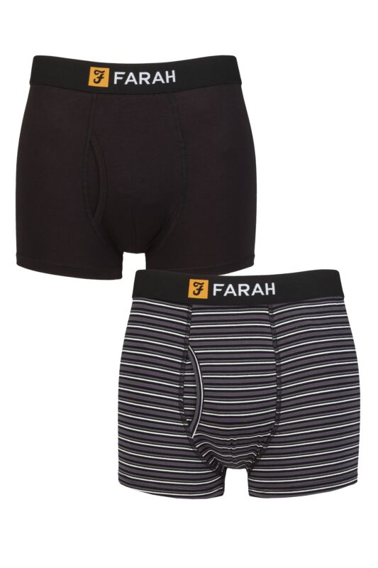 Mens 2 Pack Farah Classic Striped and Plain Bamboo Keyhole Trunks Stripe Black / Charcoal S