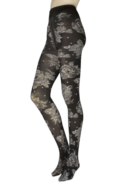 Women's 1 Pair Trasparenze Felis Opaque Floral Print Tights Black / White XL
