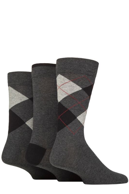 Mens 3 Pair Glenmuir New Waverley Cotton Argyle Patterned and Plain Socks Charcoal 7-11 Mens