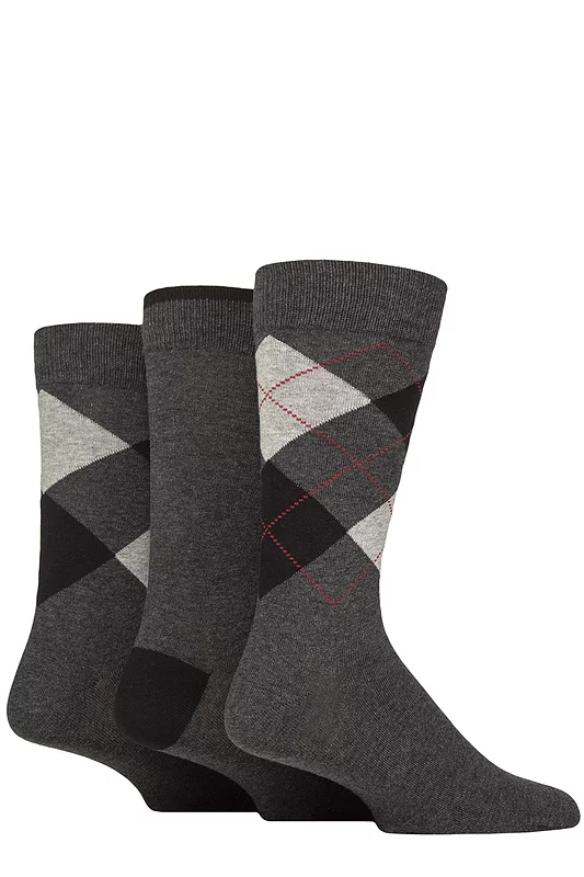 Mens 3 Pair Glenmuir New Waverley Cotton Argyle Patterned and Plain Socks
