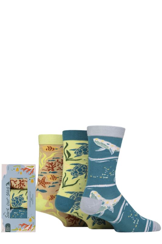 Mens and Women's 3 Pair Shared Earth Save our Seas Bamboo Gift Boxed Socks