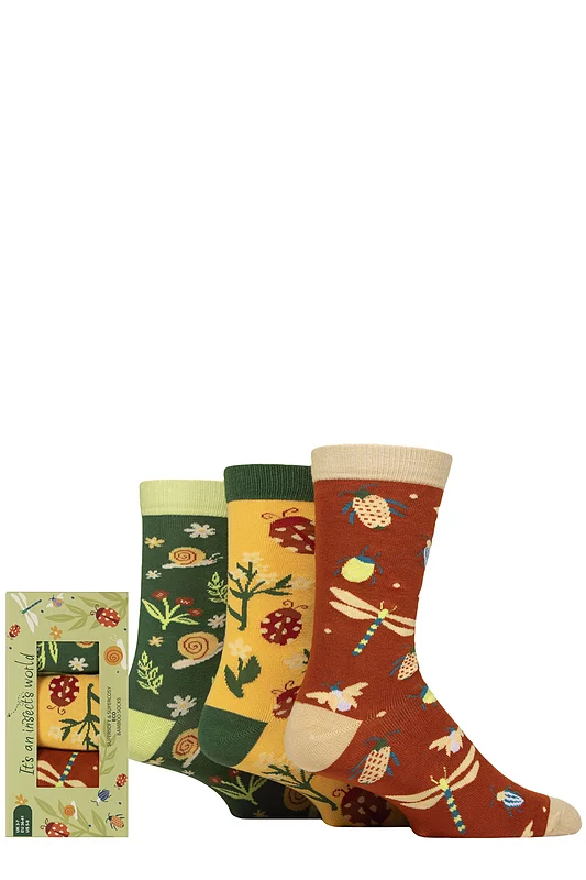 Mens and Women's 3 Pair Shared Earth It's an Insects World Bamboo Gift Boxed Socks