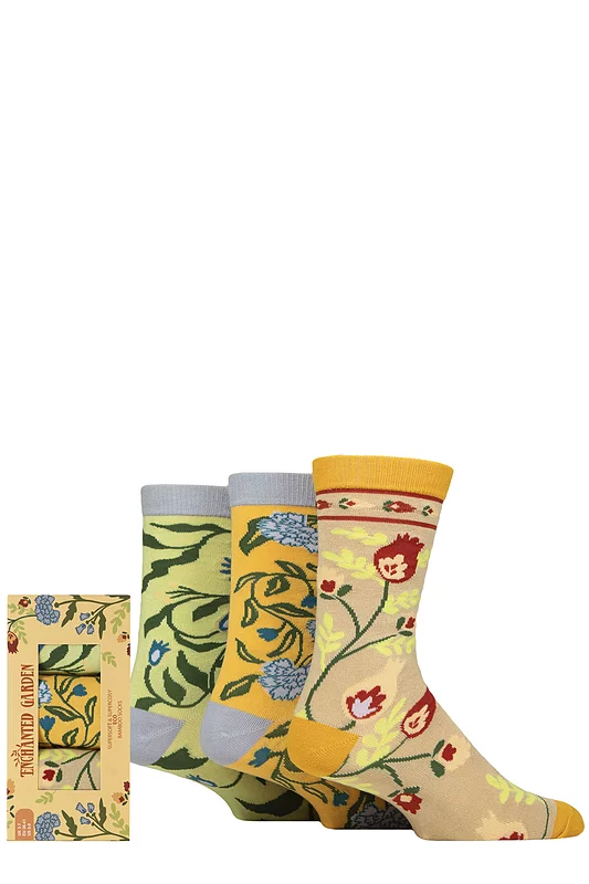 Mens and Women's 3 Pair Shared Earth Enchanted Garden Bamboo Gift Boxed Socks