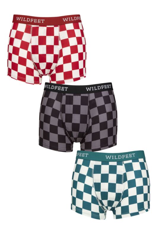 Mens 3 Pack SOCKSHOP Wildfeet Patterned Trunks Checkers Black / Red / Teal L