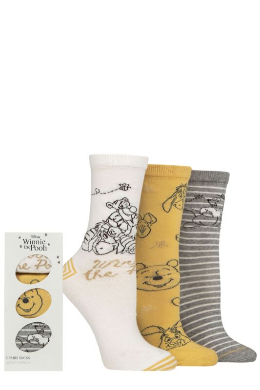 Women's 3 Pair SOCKSHOP Winnie The Pooh Gift Boxed Cotton Socks