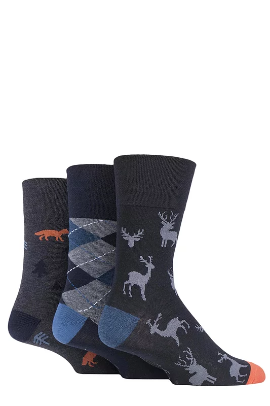 Mens 3 Pair Gentle Grip Fun Feet Socks Highlands Escape 6-11 Mens