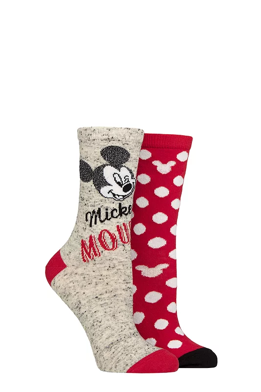 Women's 2 Pair SOCKSHOP Disney Mickey Cotton Socks Multi 4-7 Women's