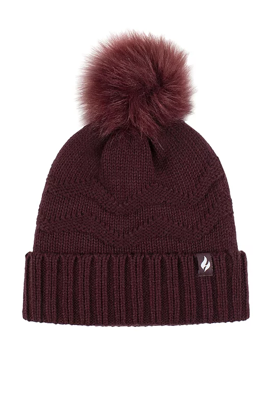 Women's 1 Pack Heat Holders Cotswolds Turnover Pom Pom Hat Wine One Size