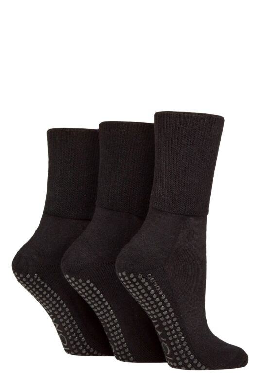 Women's 3 Pair IOMI FootNurse Bamboo Cushioned Foot Diabetic Socks with Grips Black 4-8