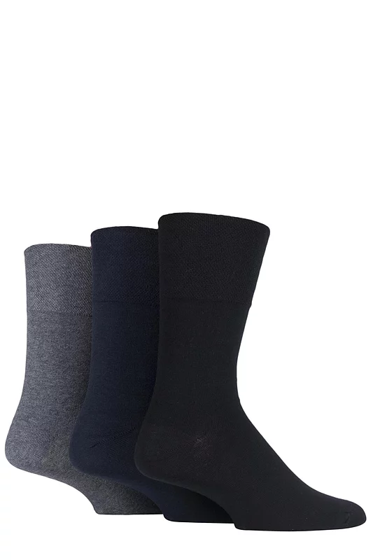 Mens 3 Pair IOMI FootNurse Gentle Grip Diabetic Socks Black / Navy / Grey 6-11