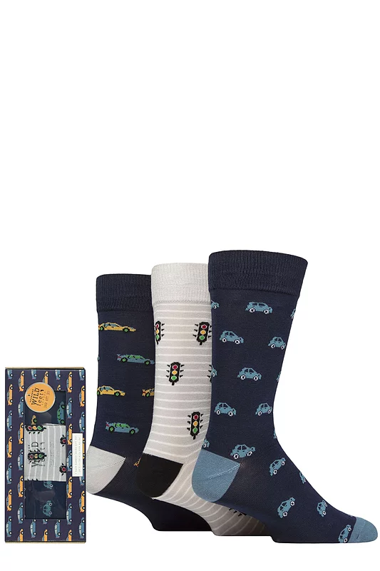 Mens 3 Pair SOCKSHOP Wildfeet Patterned Bamboo Socks in Gift Box