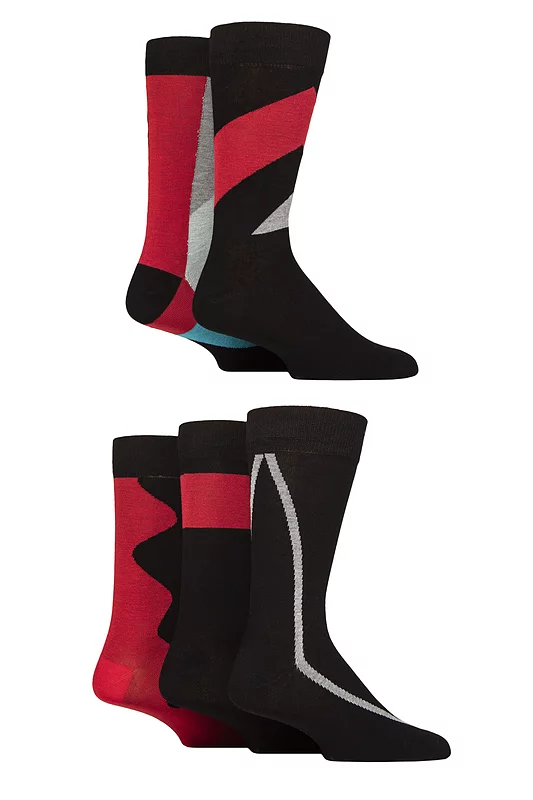 Mens 5 Pair SOCKSHOP Wildfeet Bamboo Patterned Socks Shape Black / Red Grey 7-11