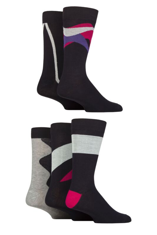 Mens 5 Pair SOCKSHOP Wildfeet Bamboo Patterned Socks Shape Navy / Pink / Purple 7-11