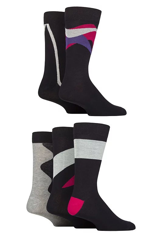 Mens 5 Pair SOCKSHOP Wildfeet Bamboo Patterned Socks Shape Navy / Pink / Purple 7-11