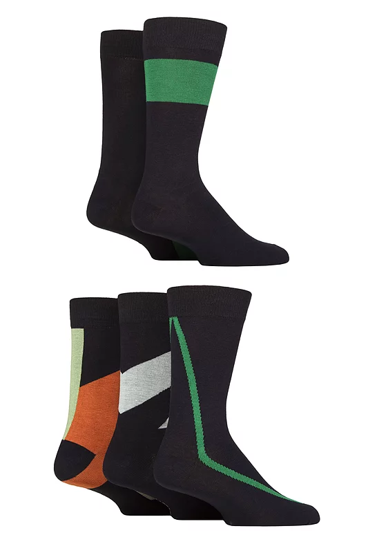 Mens 5 Pair SOCKSHOP Wildfeet Bamboo Patterned Socks Shape Navy / Orange / Grey 7-11