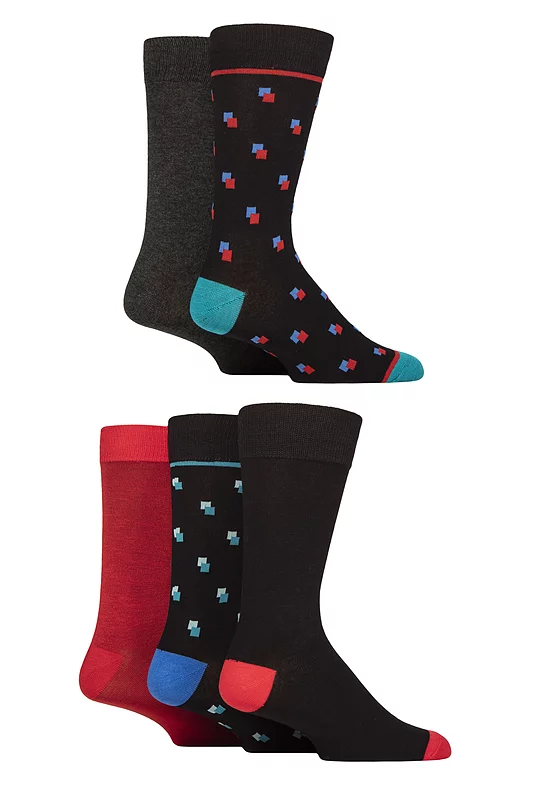 Mens 5 Pair SOCKSHOP Wildfeet Bamboo Patterned Socks Square Spotty Black 7-11
