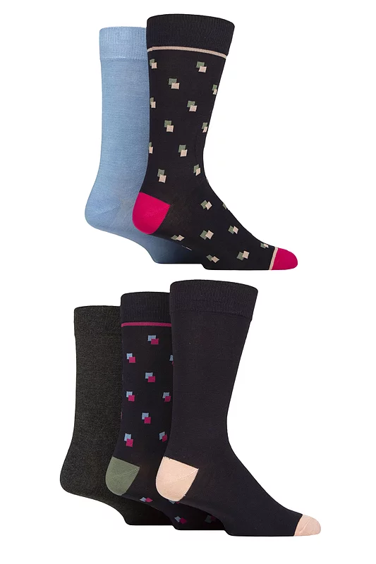 Mens 5 Pair SOCKSHOP Wildfeet Bamboo Patterned Socks Square Spotty Navy 7-11