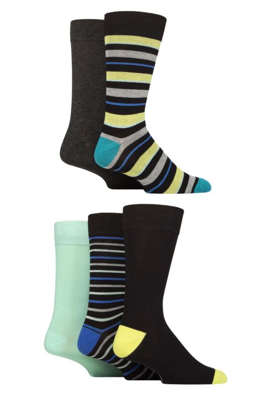 Mens 5 Pair SOCKSHOP Wildfeet Bamboo Patterned Socks Striped Black / Green / Blue 7-11