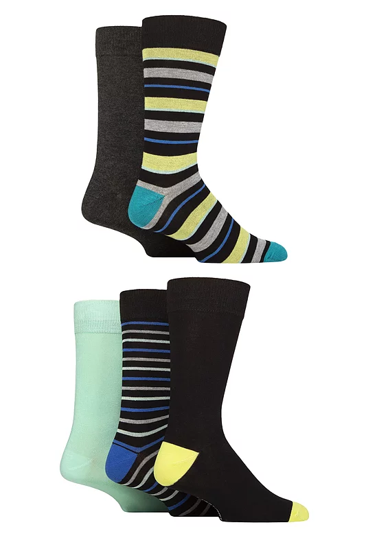 Mens 5 Pair SOCKSHOP Wildfeet Bamboo Patterned Socks Striped Black / Green / Blue 7-11