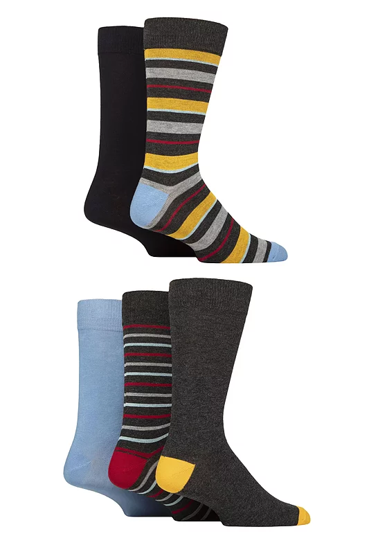 Mens 5 Pair SOCKSHOP Wildfeet Bamboo Patterned Socks Striped Charcoal / Red / Orange 7-11