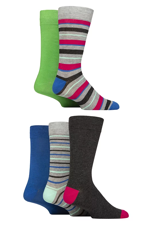 Mens 5 Pair SOCKSHOP Wildfeet Bamboo Patterned Socks Striped Grey / Purple / Blue 7-11