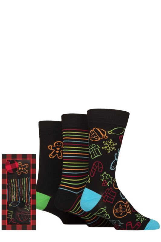 Mens 3 Pair SOCKSHOP Wildfeet Bamboo Christmas Socks in Red Check Gift Box