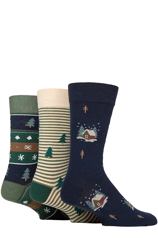 Mens 3 Pair SOCKSHOP Wildfeet Bamboo Christmas Patterned Socks Alpine Cottage 7-11