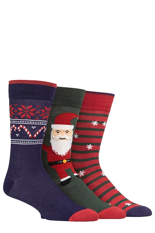 Mens 3 Pair SOCKSHOP Wildfeet Bamboo Christmas Patterned Socks Happy Santa 7-11